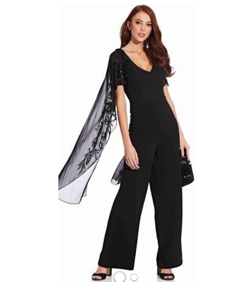 ADRIANNA Papell Black Chiffon Cape Jumpsuit - Picture 1 of 17